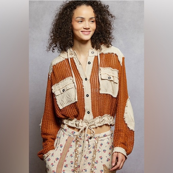 POL Jackets & Blazers - Open Knit Contrast Hooded Shacket with Frayed Edges - POL